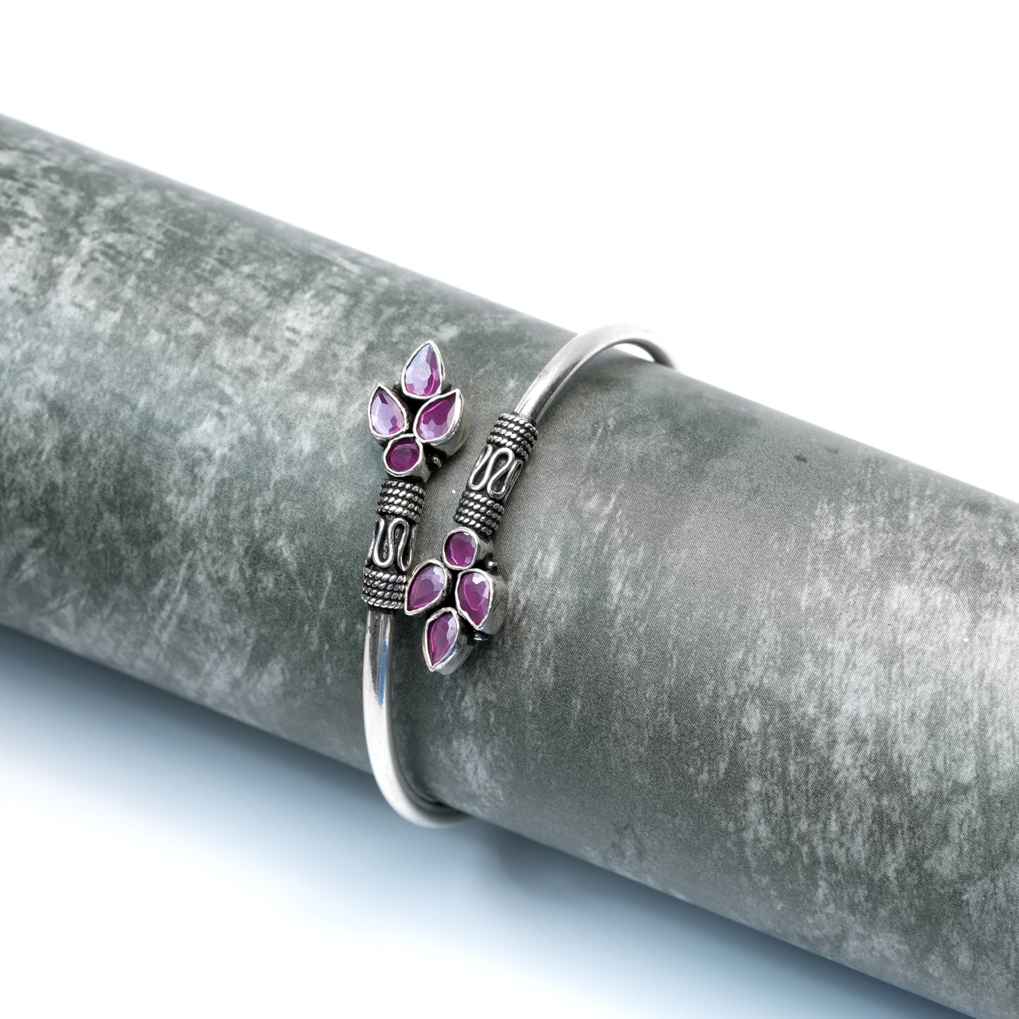 Floral Purple Stone Silver Bangle – 925 Sterling Silver Open Bracelet