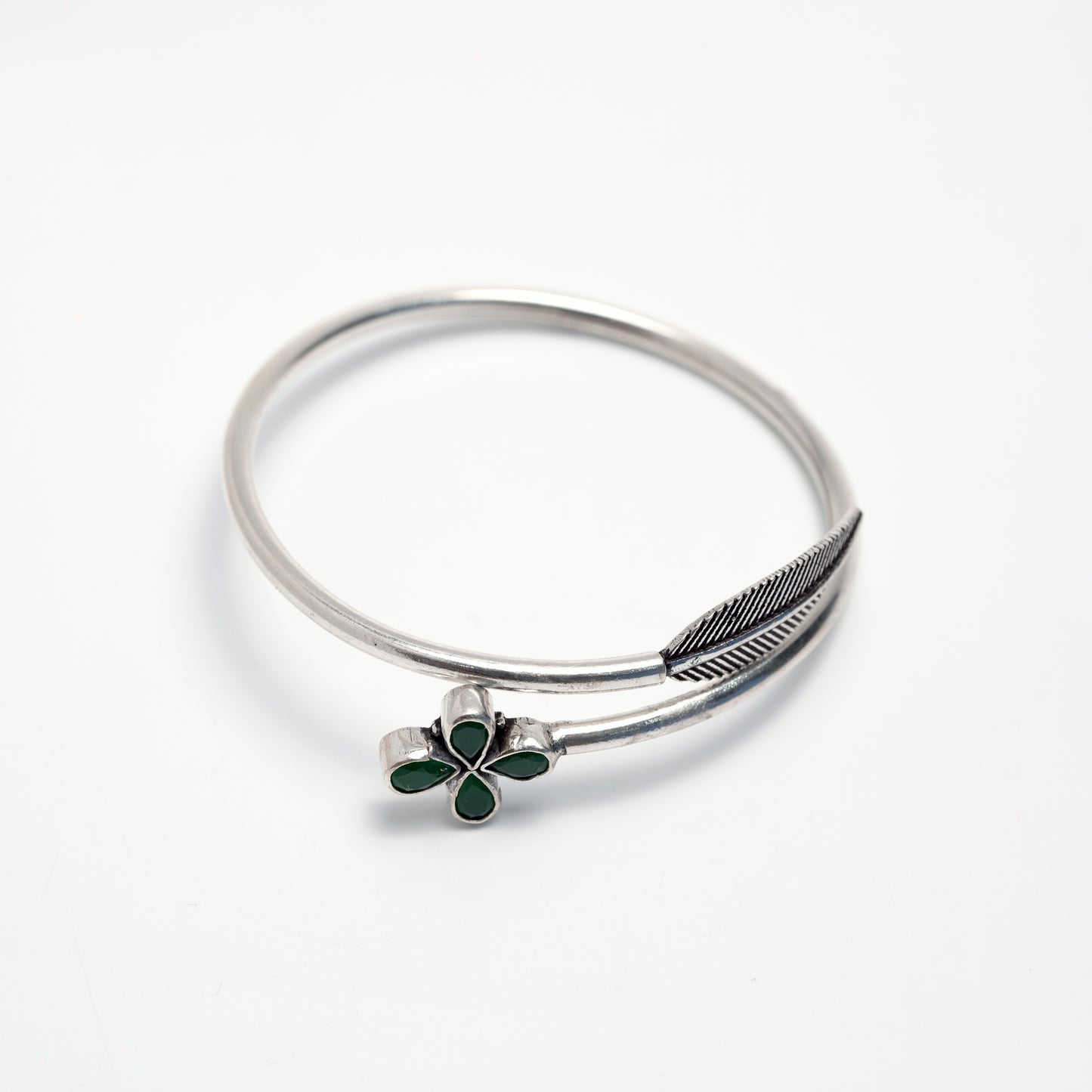 Floral Green Stone Silver Bangle – 925 Sterling Silver Open Bracelet
