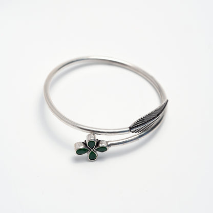 Floral Green Stone Silver Bangle – 925 Sterling Silver Open Bracelet