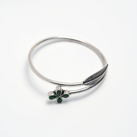 Floral Green Stone Silver Bangle – 925 Sterling Silver Open Bracelet