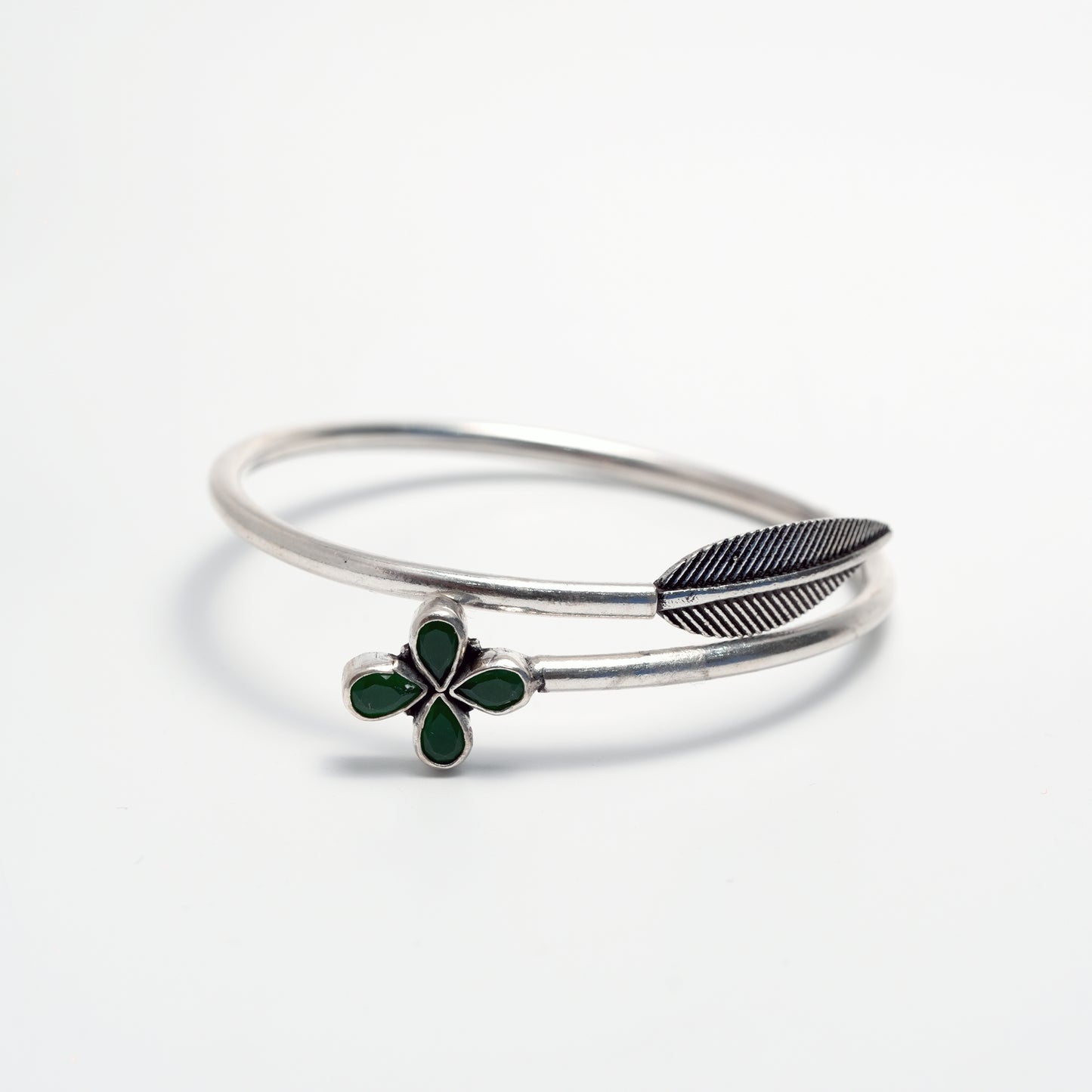 Floral Green Stone Silver Bangle – 925 Sterling Silver Open Bracelet