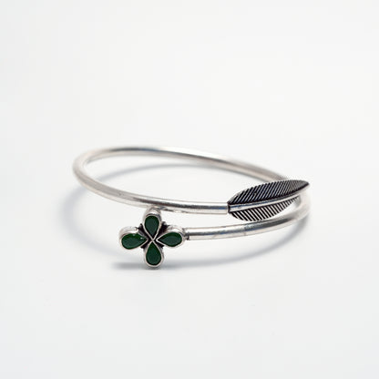 Floral Green Stone Silver Bangle – 925 Sterling Silver Open Bracelet