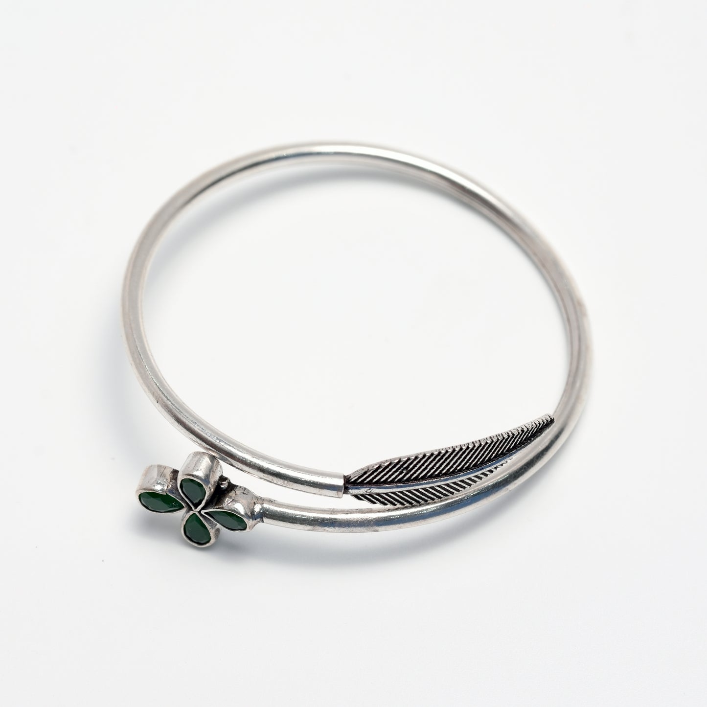 Floral Green Stone Silver Bangle – 925 Sterling Silver Open Bracelet