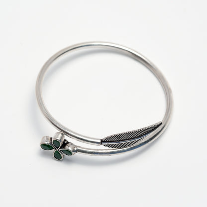 Floral Green Stone Silver Bangle – 925 Sterling Silver Open Bracelet