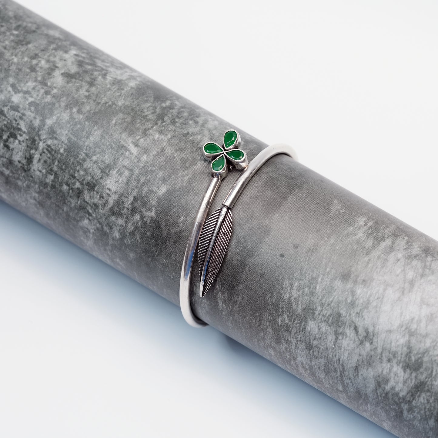 Floral Green Stone Silver Bangle – 925 Sterling Silver Open Bracelet