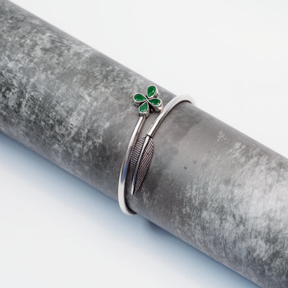 Floral Green Stone Silver Bangle – 925 Sterling Silver Open Bracelet