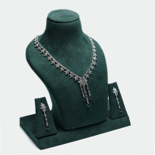Classic Floral Silver Necklace Set – 925 Sterling Silver Black Drop Detailing