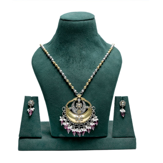 Dual-Tone Crescent Floral Necklace Set – Silver & Gold Finish with Pink Drop Detailing
