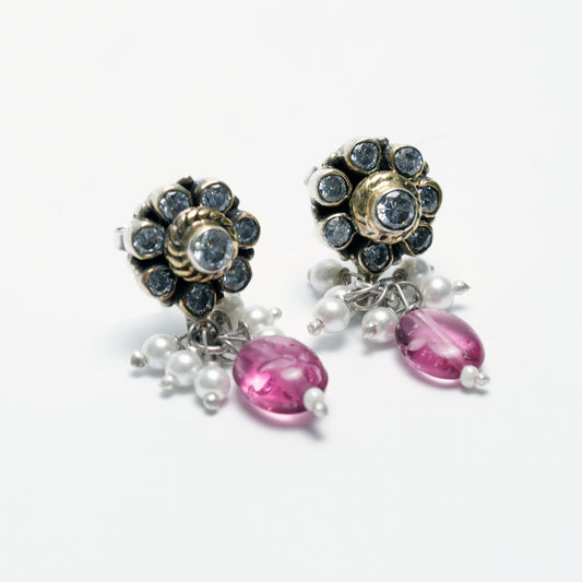 Dual-Tone Crescent Floral Necklace Set – Silver & Gold Finish with Pink Drop Detailing