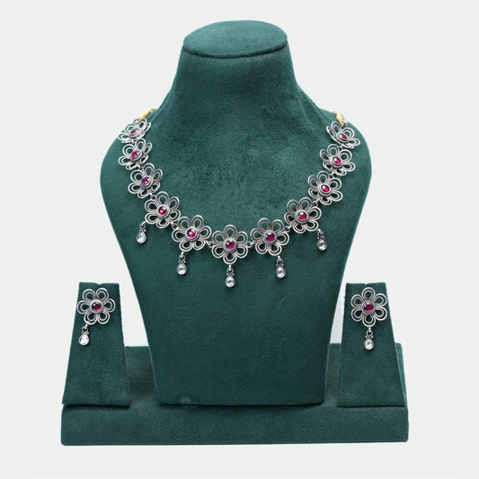 Oxidized Silver Floral Necklace Set – Pink Stone Ethnic Jewellery