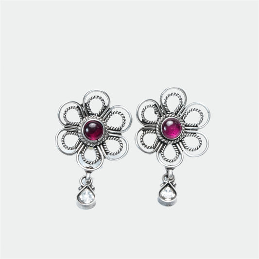 Oxidized Silver Floral Necklace Set – Pink Stone Ethnic Jewellery