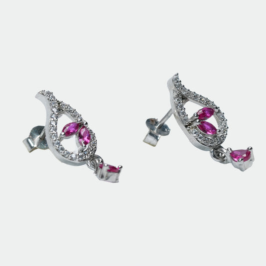 Elegant Silver Pendant Necklace Set – Pink Stone Drop Jewellery