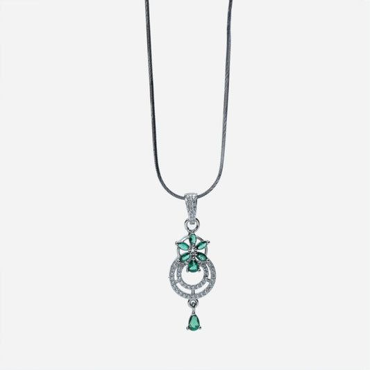 Elegant Silver Teardrop Necklace Set – Green Stone Drop Jewellery
