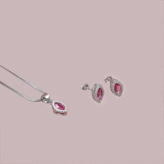 Elegant Silver Marquise Pendant Necklace Set – Pink Stone Stud Jewellery