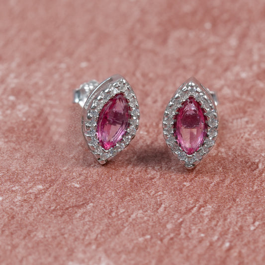 Elegant Silver Marquise Pendant Necklace Set – Pink Stone Stud Jewellery