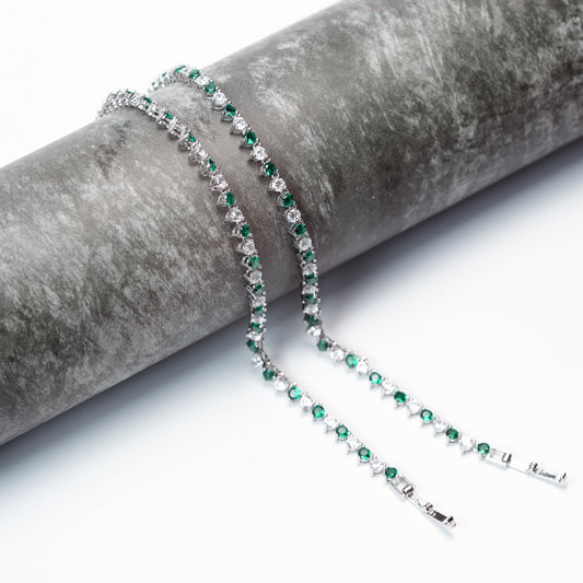 Emerald Glow Zircon Anklet – 925 Sterling Silver Green & White Stone Elegant Anklet