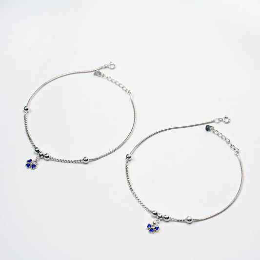 Blue Floral Charm Silver Anklet – 925 Sterling Silver Elegant Everyday Anklet
