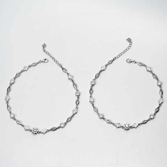 Crystal Bloom Silver Anklet – 925 Sterling Silver Floral & Geometric Elegant Anklet