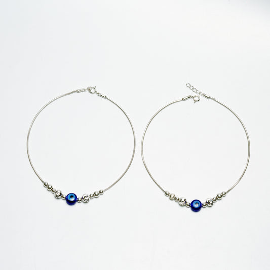 Blue Evil Eye Bead Silver Anklet – 925 Sterling Silver Minimal Protective Anklet