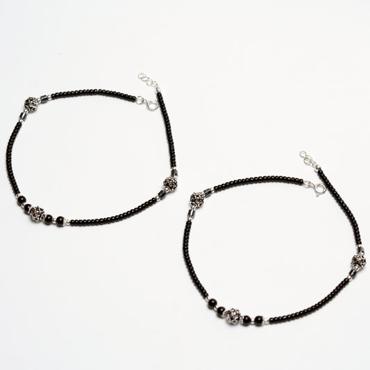 Classic Black Bead Silver Anklet – 925 Sterling Silver Minimal Everyday Anklet