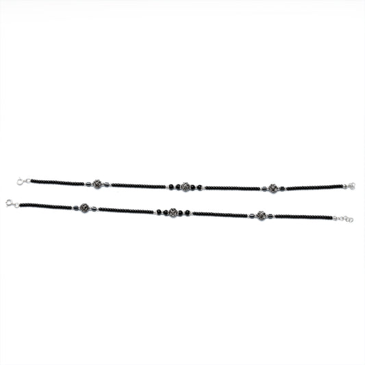 Classic Black Bead Silver Anklet – 925 Sterling Silver Minimal Everyday Anklet