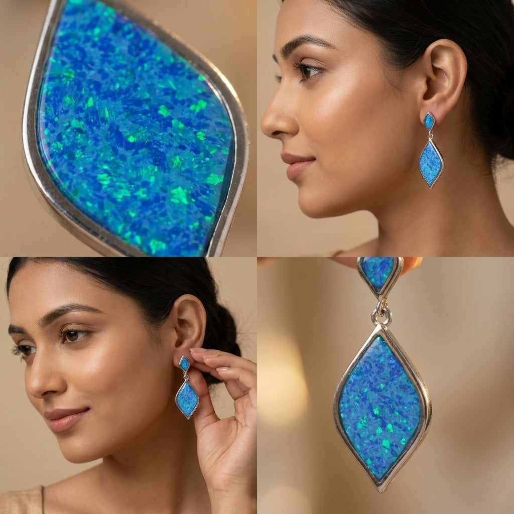 925 Sterling Silver Blue Opal Drop Earrings