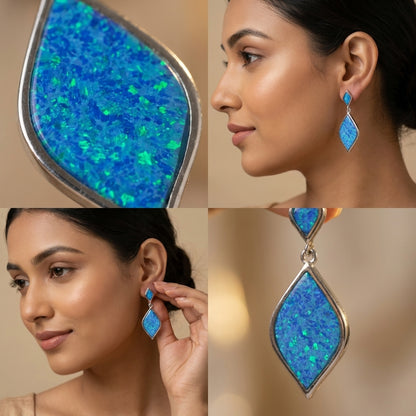 925 Sterling Silver Blue Opal Drop Earrings