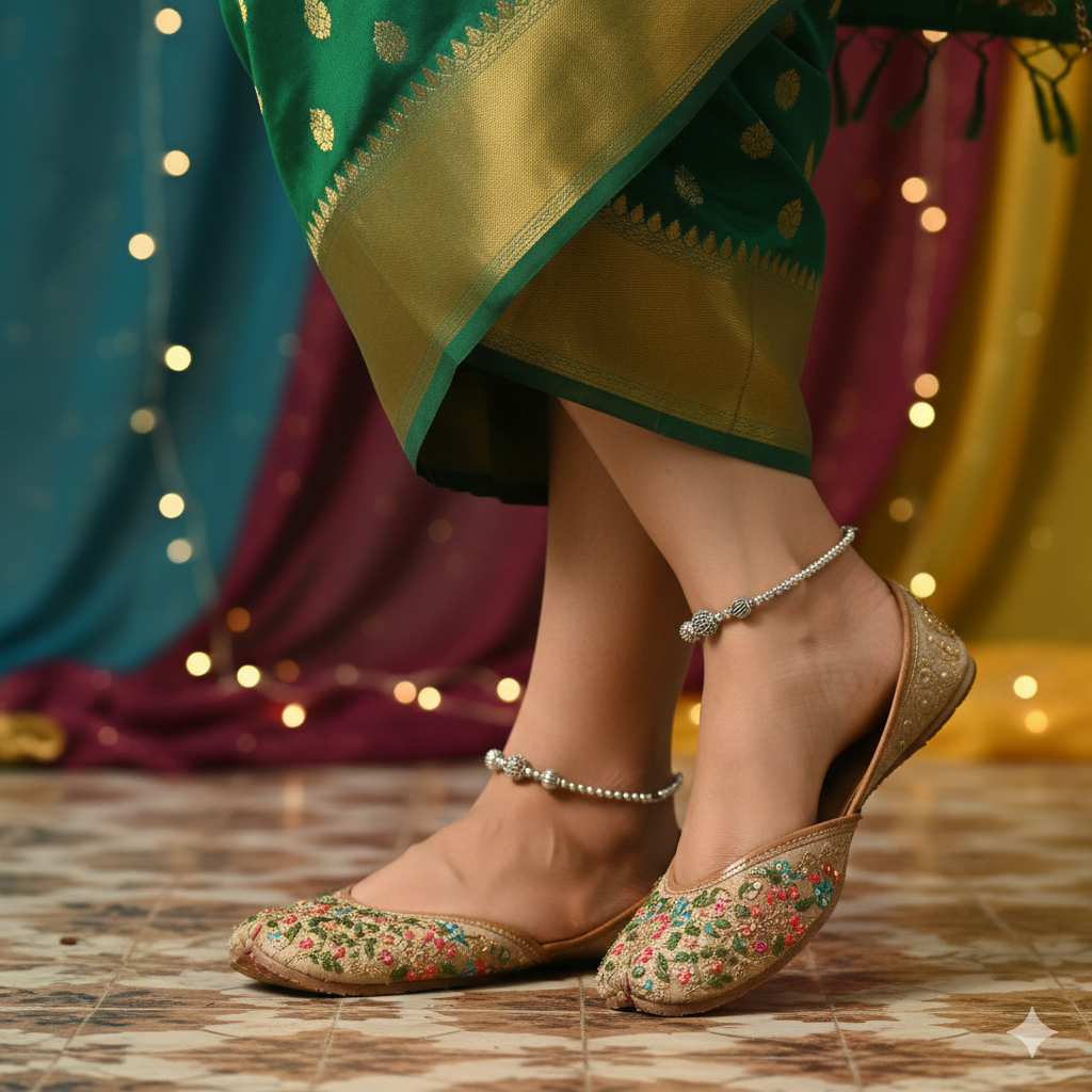 Classic Silver-Toned Beaded Chain Payal (Pair) with Filigree Accents