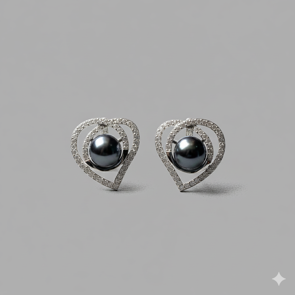 Eternal Love: Heart Pave Studs with Black Pearl