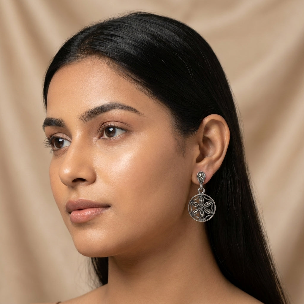 Oxidised Silver Floral Drop Earrings
