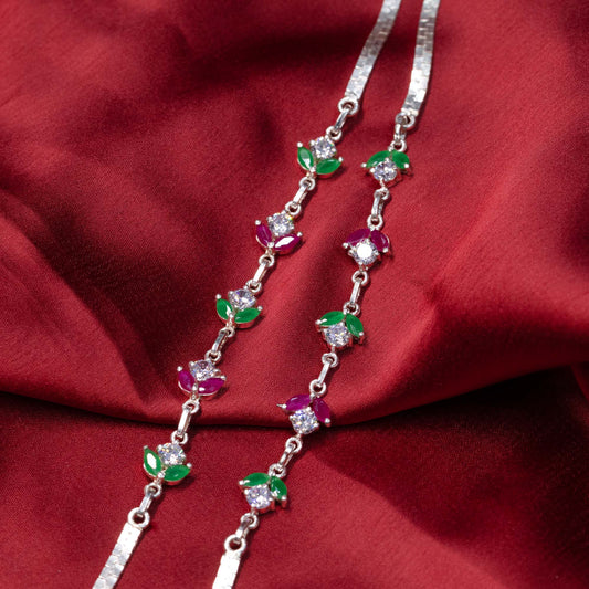Floral Radiance Multi-Stone Silver Anklet