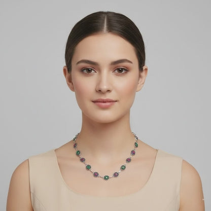 Dual-Tone Stone Silver Station Necklace
