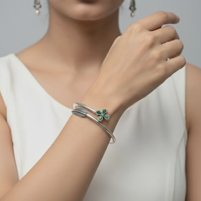 Floral Green Stone Silver Bangle – 925 Sterling Silver Open Bracelet