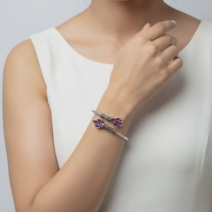 Floral Purple Stone Silver Bangle – 925 Sterling Silver Open Bracelet